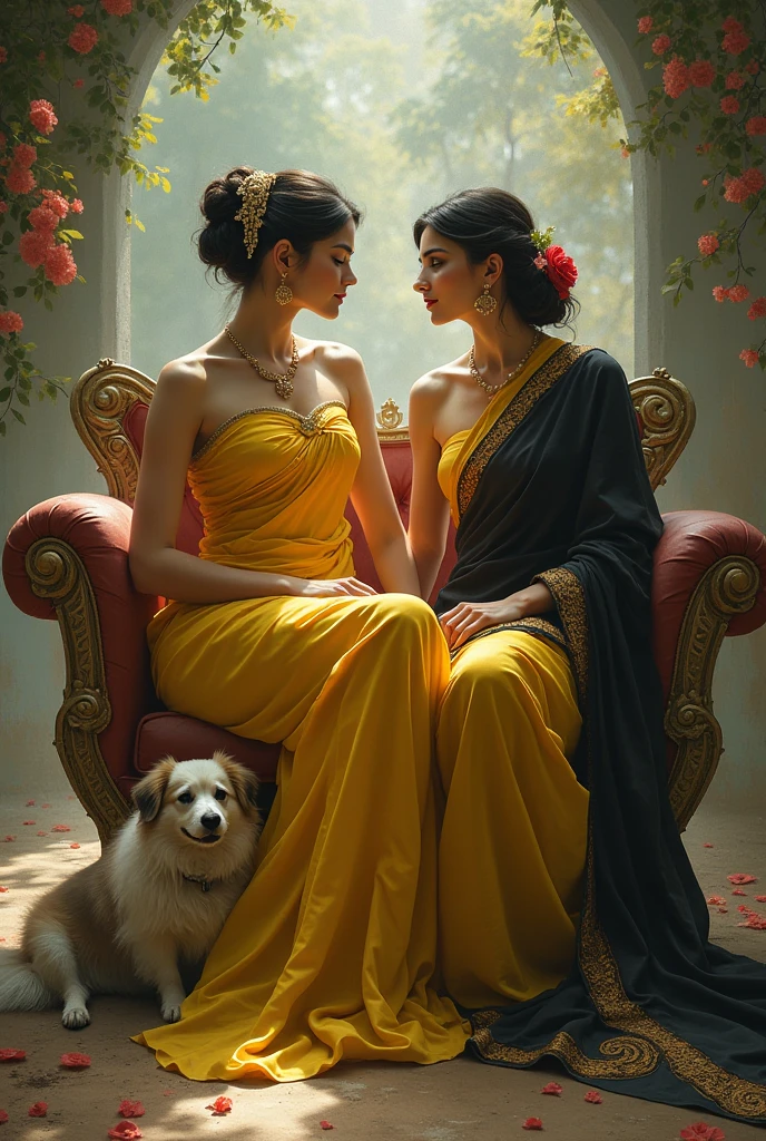 "A 2 woman in a yellow and black beautiful saree, sitting gracefully on a fantasy chair with one leg over the other, elegantly. Meanwhile, a fluffy dog is resting on her feet as she pets its head." I hope this prompt captures the essence of what you're looking for!