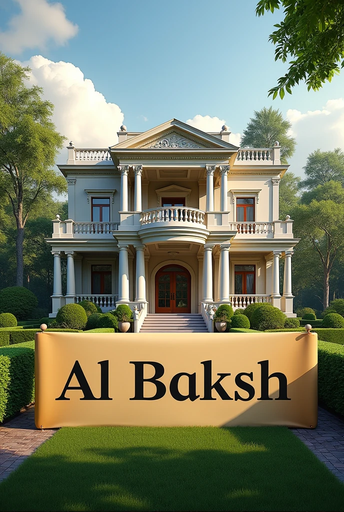 A big size banglo and the banner in front of it and write on banner Albaksh
