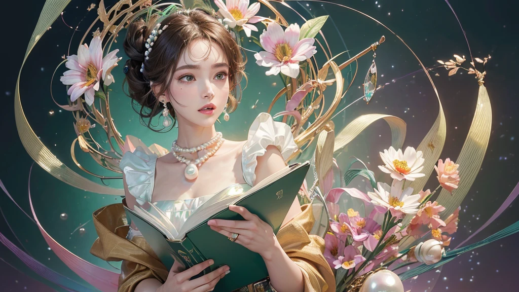 32K, 最高quality, 最高masterpiece, (ultra-Detailed Background, Detailed Background), High resolution, Super detailed, Very detailedな, 1 personの, (bouquet:1.3), (Tangled:1.2), (Geometric:1.2),(colorful),(masterpiece, quality, best quality, Official Art, Beautiful and beautiful:1.2), (1 person:1.3), Very detailed,(colorful:1.1)(Flowers:1.3),Most detailed,(Tangled:1.2), whole body, (Abstract background:1.3), (Skin glows), (Many colors:1.4), ,(Earrings Pearl:1.5), Light green background, It's imaginative., Brunette Hair, Updo, Holding a book, Holding a pen, Satin shirt