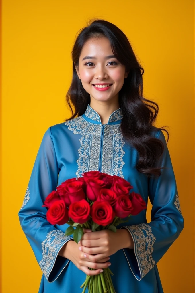a portrait photo of a 25_year_old woman, light smile, taking red rose flower bouquet in hand, intricate traditional nepali blue clothes, yellow matte background skp