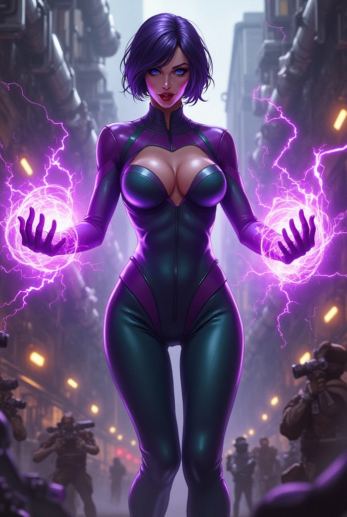 Dark purple short cropped haired villainess with magnetic powers, wearing a skintight purple and green costume and destroying a factory. Blue eyes, glossy red lips. Evil smirk. Purple magnetic energies swirl around her hands and create a protective aura around her body.  Evil wins. Humans dying.