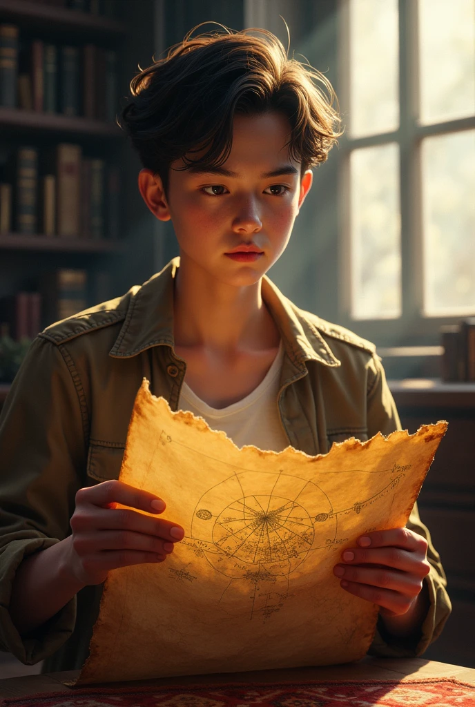 Yung man discovers an old map indicating the location of the treasure
