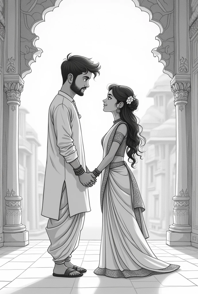 A love pair looking at each other and holding their hands at Indian temple in a traditional wear and it should be like a pencil drawing and their faces should be like a cartoon. And their age between 20-24. Boy should have less beard. Picture should be in long frame 