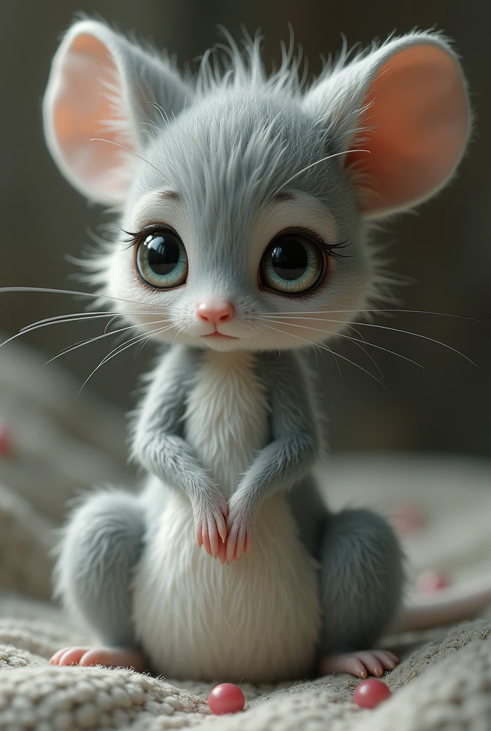 one girl, mice ears, , pure, cute naked, topless, a mice human Mix, human Body, big tits, furry skin, hairy nose , whiskers big eyes, Grey fur, Cat eyes, hybride 30 %mice an 70 % human, face mostly human but mice nose 