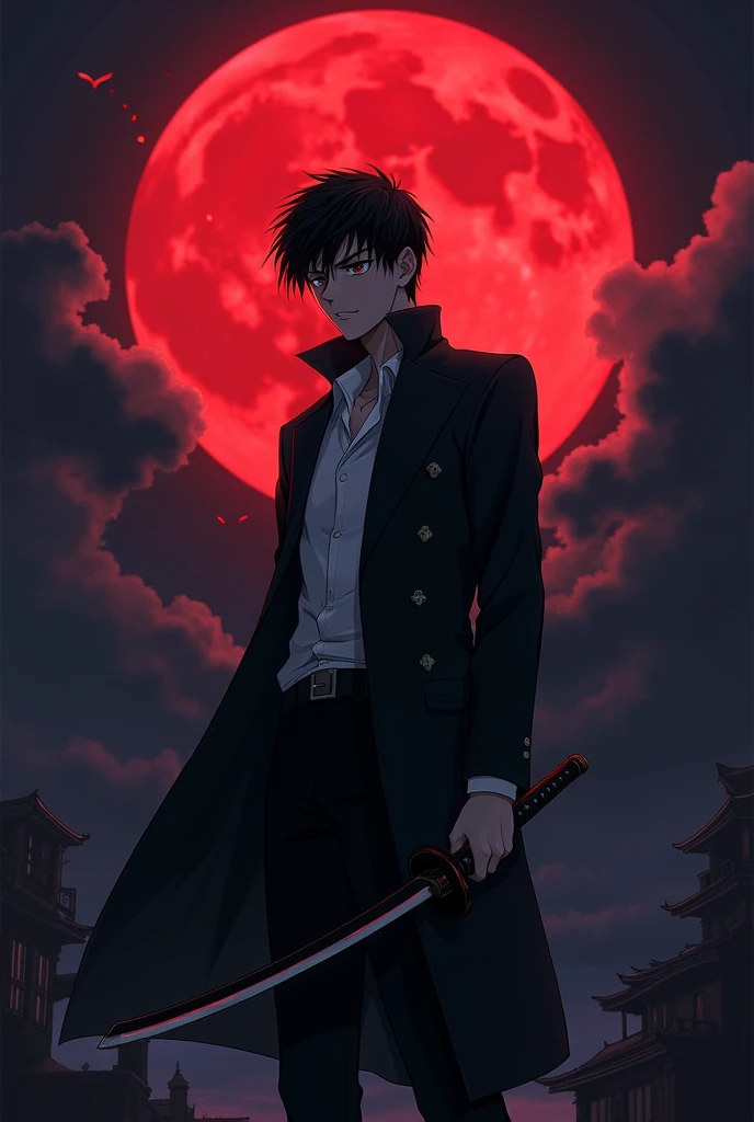 An anime guy looks like an handsome killer , background full moon red dark night , a katana on his hand ( text on sky Dev's mystery life)