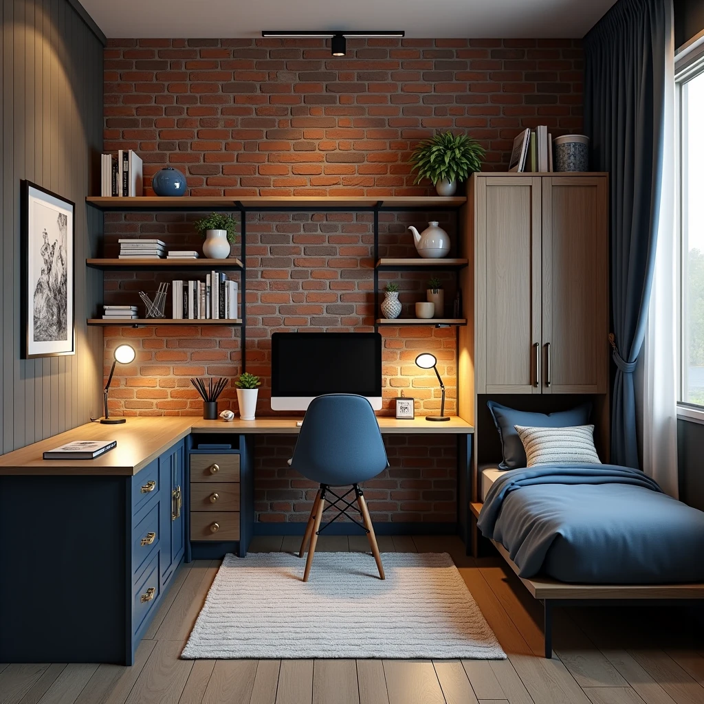 Small modern schoolboy room. Decorative wall of original 19th century brick. Decorative wall of rustic board , single bed, homework desk, two-door wardrobe, bookcase, office chair, computer, monitor, school supplies.
Style: modern, photo-realism, minimalism.
Colour scheme: navy blue
Atmosphere: light with elements of dark blue and brown
Lighting: artificial light from lamps.