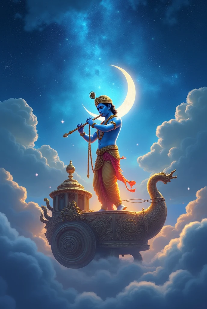 Lord blue krishna playing flute in night heaven on rath