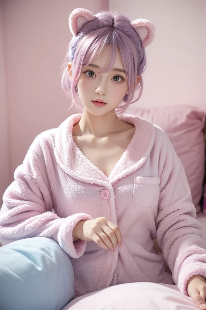 Pink and light blue dreamy hair Wave Shorthair Purple Eyes beautiful girl Pink bear ears Yumekawana Town live-action
Pink fluffy pajamas
