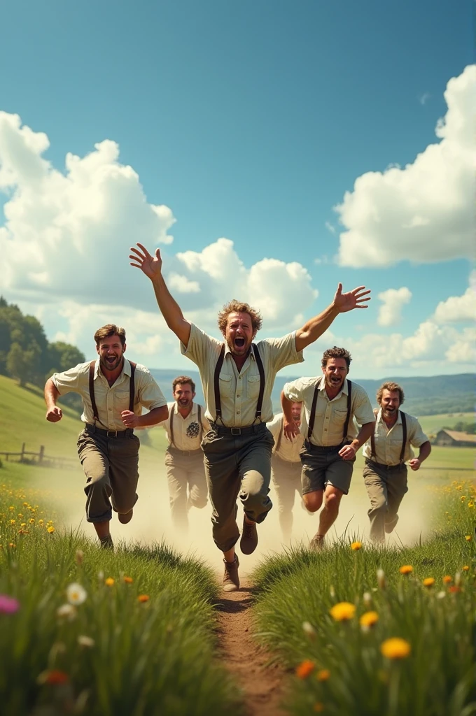 Group of English man farmers running in the farmland while shouting