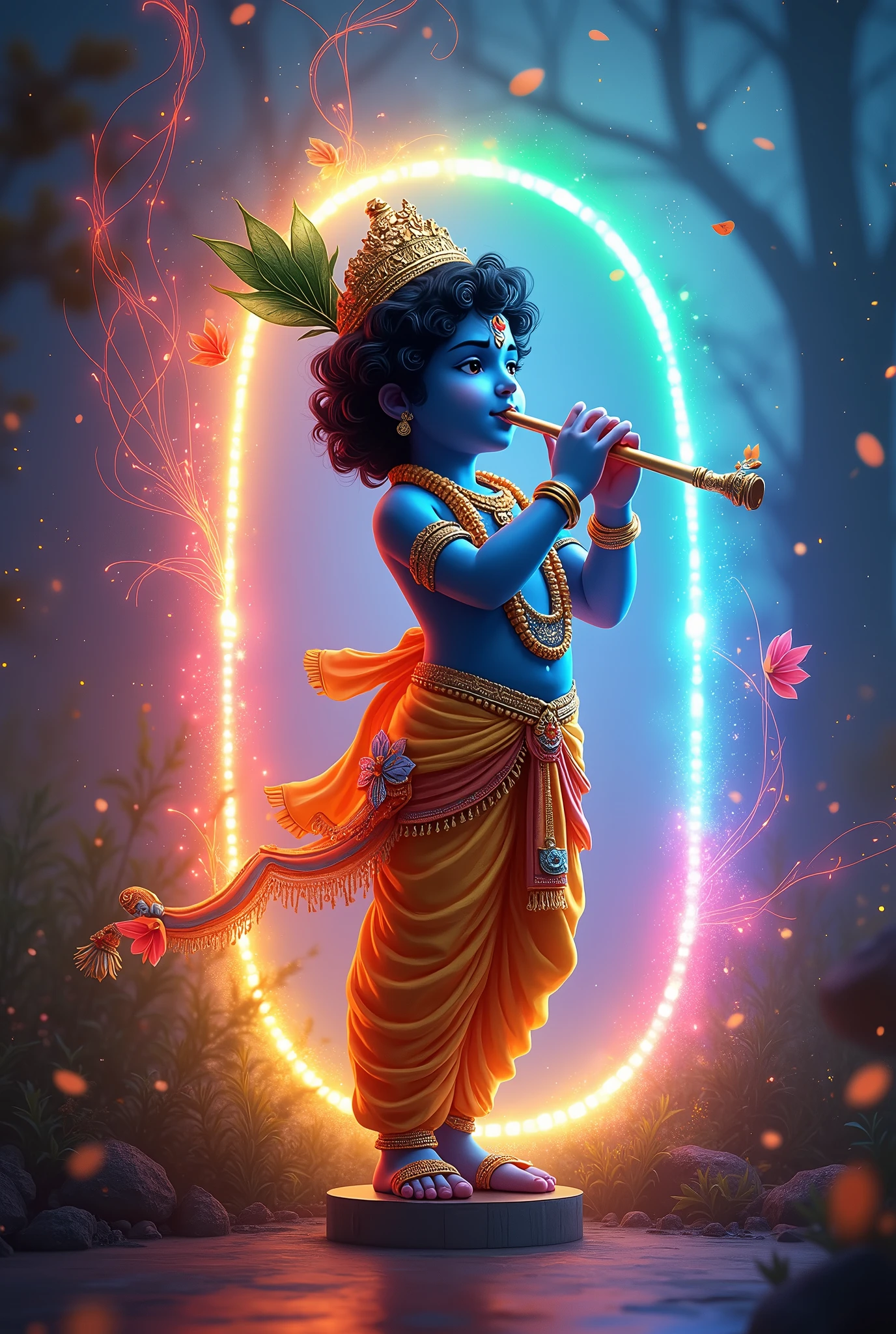 Lord krishna with flute ,image border made of different colours ina animated way with RGV lights