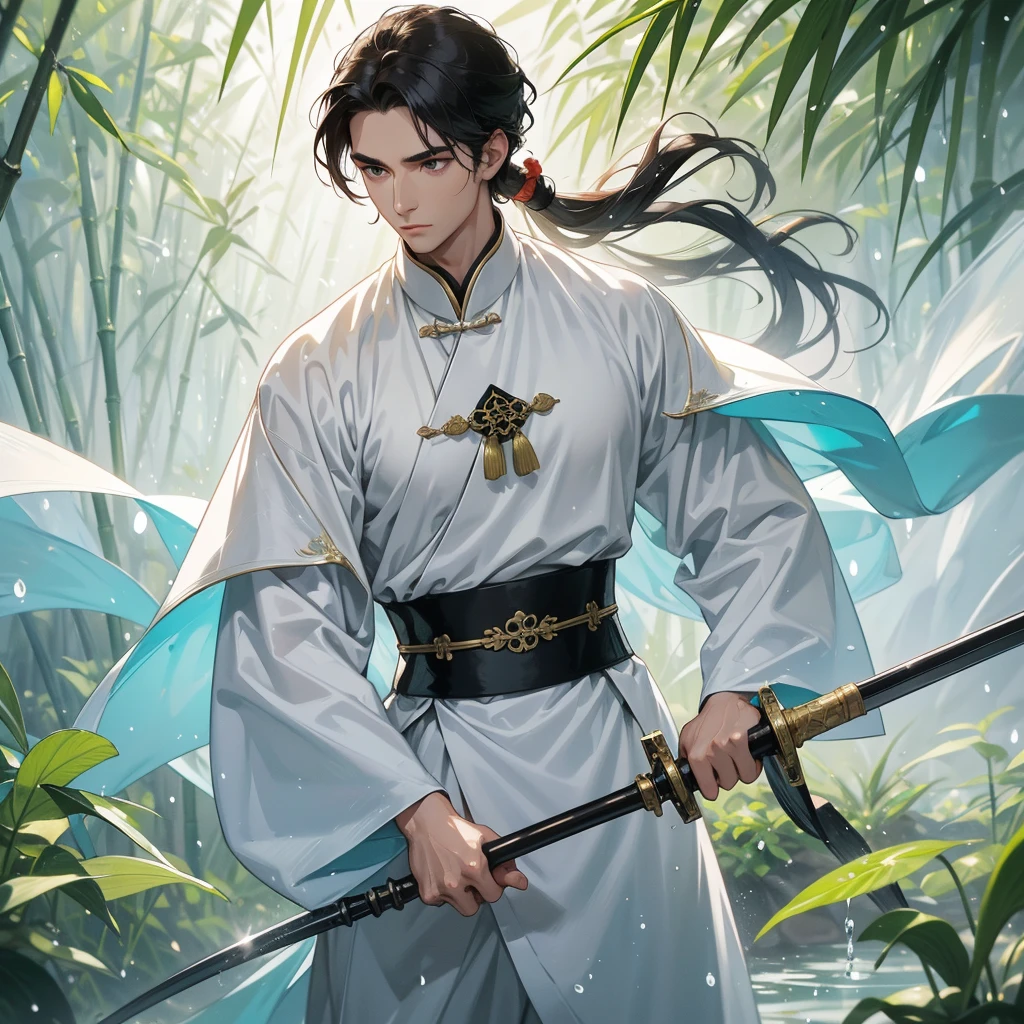 A Handsome black-hair male holding a large sword in white ancient chinese costume, close up.
The back is a lush green bamboo forest. The air after rain has water droplets splashing around.