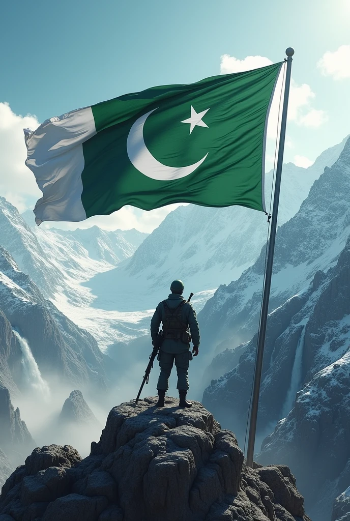 Pakistan  big flag moving in the air at the top of mountain in wild catch by soldier