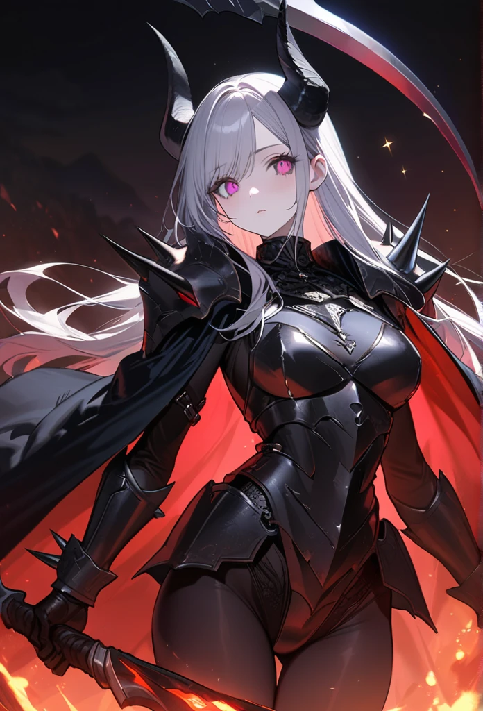(One Woman),(Best image quality, 32K, masterpiece:1.3),((Silver long hair:1.1)),(Swept-apart bangs), (Cute eyes, Dark Eyes), (Detailed eyes),(Mole under right eye), (Standard weight), (Glowing Skin:1.1),(Pale skin:1.2),(A fantastic atmosphere),(look up),Ultra-high resolution, Textured skin, Sparkle Effect, Do not show bare skin,
dark Knight,Black plate armor with large spikes on the shoulders,Black Skeleton Helmet,There are two black horns,Black tattered cloth,Black bodysuit,Skull helmet,Black Helmet,Black Helm,
Death Scythe,Scythe,
Red-black sky,Black Earth,Standing posture,inflammation,magma,