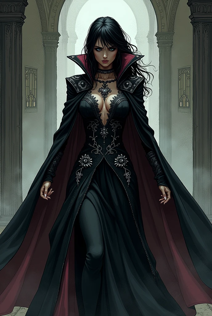 A woman in Bloodborne costume taking off her cape, and we see her from behind. Make it look like a manga