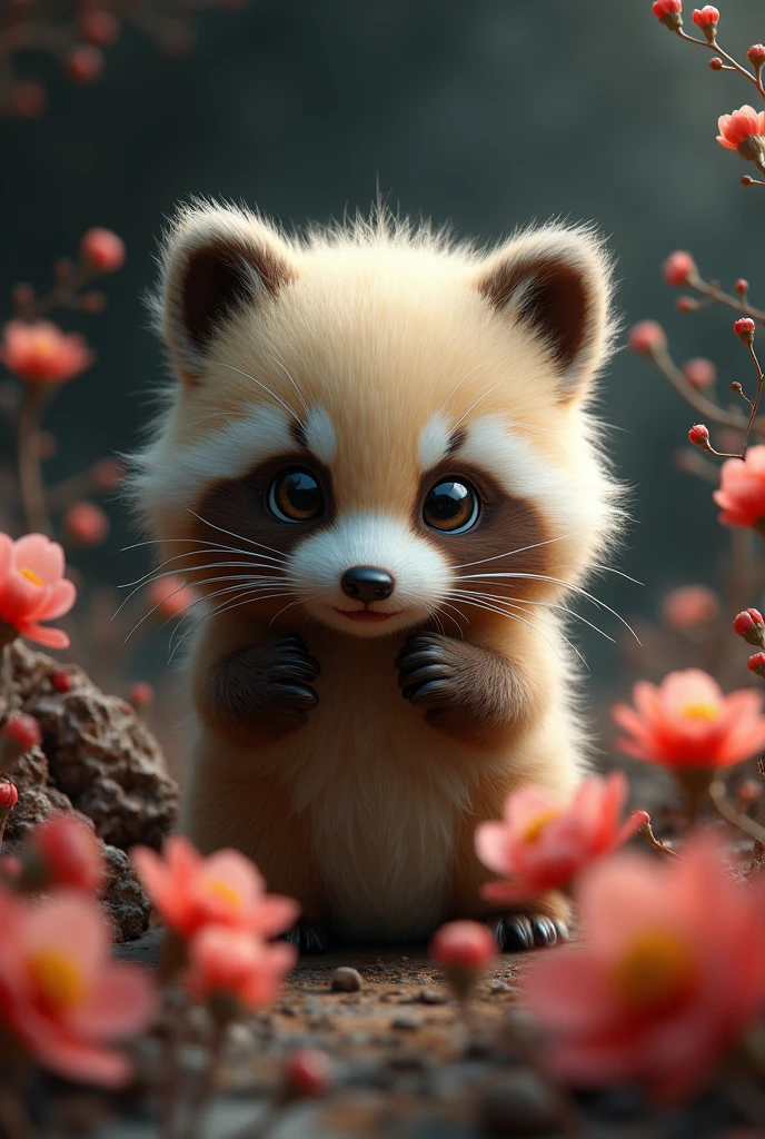 A captivating and surreal photographgraph of a cute extra fluffy baby たぬき rendering of a colorful カスミソウ, Against an ominous background, Dark Background. feather, Bright colors, Highlighting rich cultural elements. The background provides sharp contrast、Engage your audience'Note., photograph, 3D Rendering, Conceptual Art