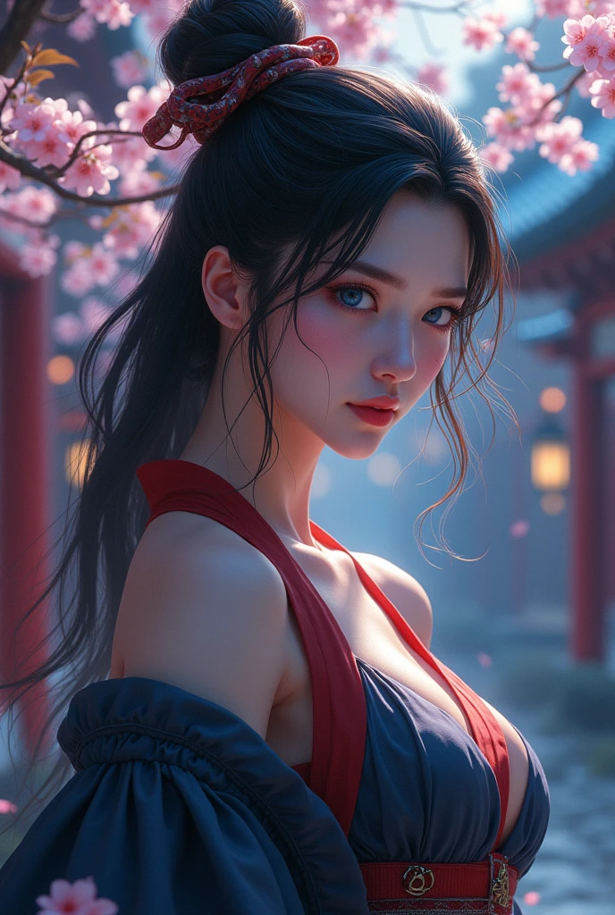 (RAW shooting, Photorealistic:1.5, 8k, Highest quality, masterpiece, Ultra-high resolution), sengoku, Perfect dynamic composition:1.2, god秘的:1.3, Highly detailed skin and facial textures:1.3, Beautiful female samurai holding a Japanese sword:1.1, Very large breasts、Cute and sexy beauty, Perfect Style, god, Fair skin, Very beautiful face, (Mid-chest, Chest gap), (Embarrassed smile, Her facial expression when she felt intense caressing, Facial expressions when feeling happy), (Let me's wear the sexy sengoku uniform:1.1, Off the shoulder), (Beautiful Blue Eyes, Beautiful erotic eyes:0.8), (Too erotic:0.9, Fascinating:0.9), Full Body Shot, 背景にある日本のgod社、Cherry Blossoms at Night