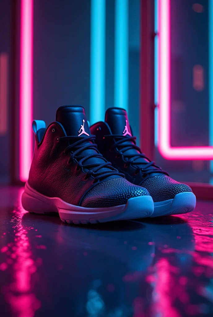 Neon and black light background and the Air Jordan shoes