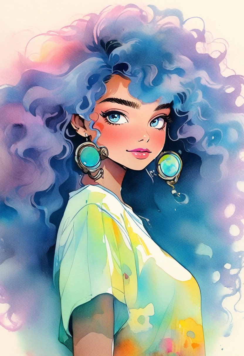 best quality,watercolor,ink,Oil Pen,,Upper body portrait,The original essence of the tattoo street style icon,Rebellious Energy,Wear an oversized T-shirt with a logo,Bright graffiti as background,Avant-garde fashion,Feel,Confident appearance,Colorful hair,Light through the mist,(1 girl),Long curly hair,blue eyes,Smile