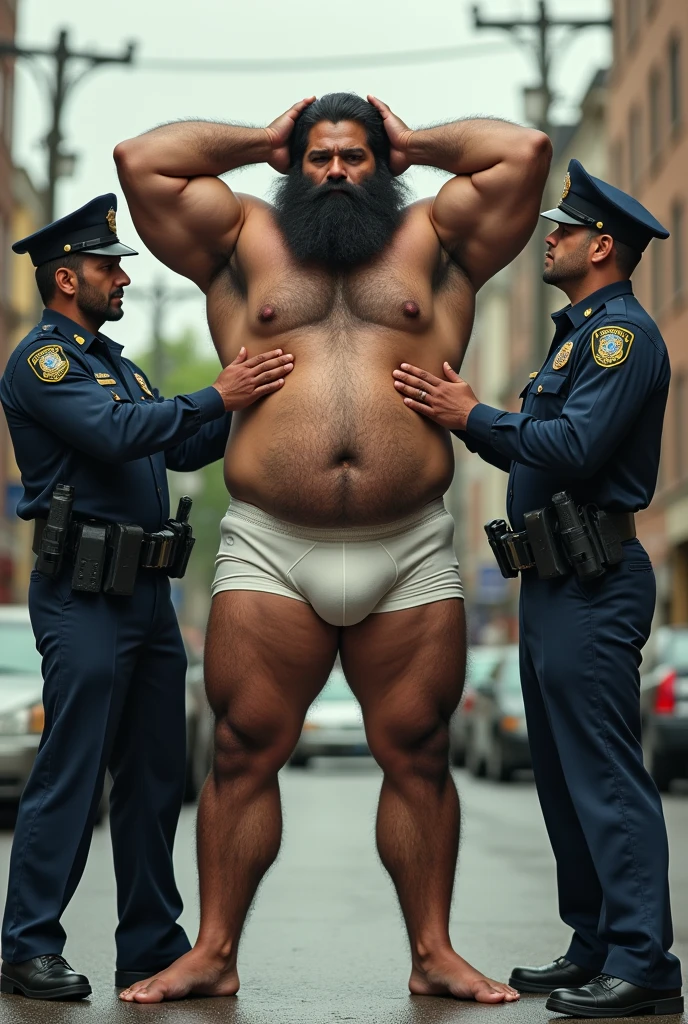 A big huge hairy bearded Puerto Rican man, standing, in white underwear, with legs apart from each other, with hands raised above the head, being searched by two police officers.