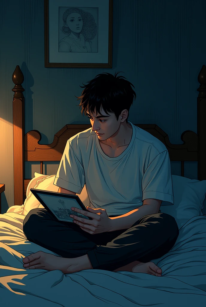 A night scene in a quiet bedroom. The man, sitting on a bed, is looking at a framed photo. Make it manga