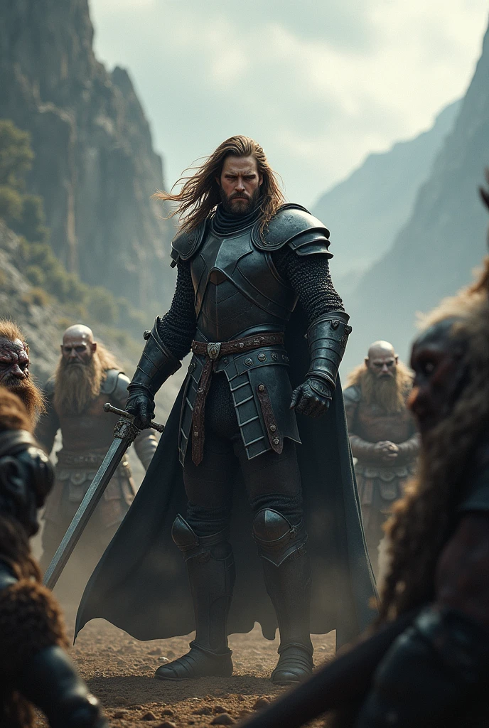 generate landscape picture, 1080p, generate brave man with brown hair , wearing black armor, a knight with a sword, battle the orcs with fierce and without fear, he killed one orc of the hordes
