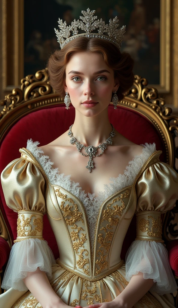 A very beautiful and young Queen Victoria, Formal wear, crown, Sitting on the throne