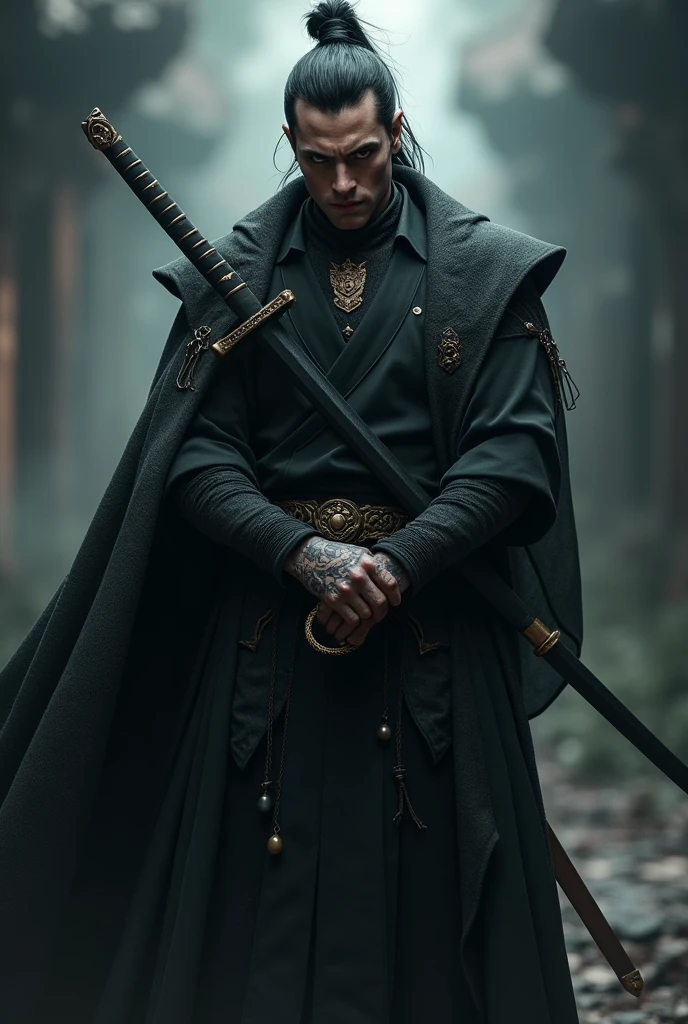 A man, ninja, demon lord, shadow power, darkness, black katana, one hand swordman, dark demon king eyes, handsome