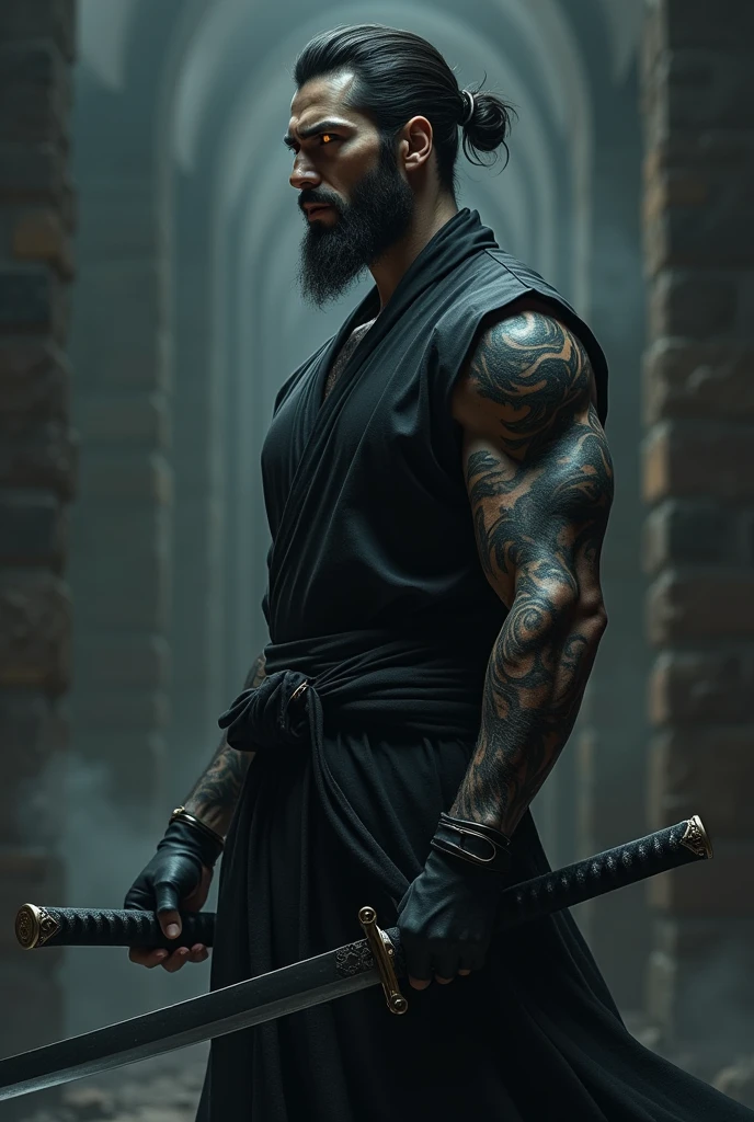 A man, ninja, demon lord, shadow power, darkness, black katana, one hand swordman, dark demon king eyes, handsome