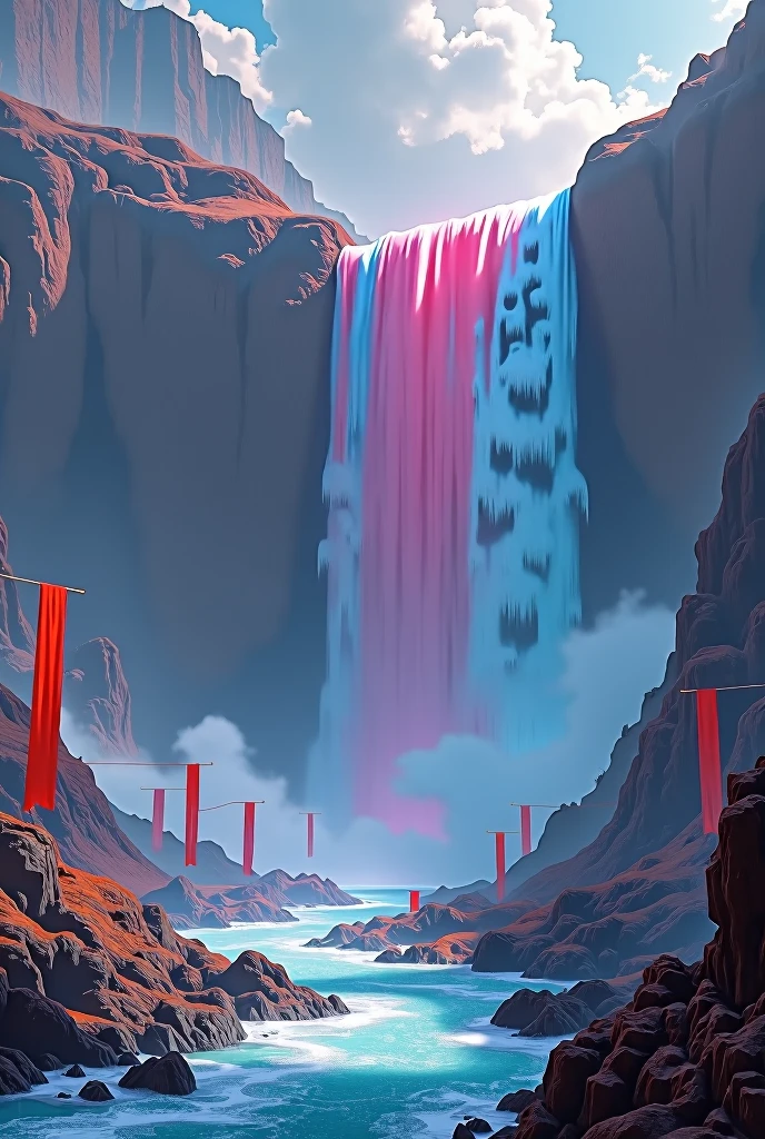 masterpiece ,8k,wallpaper, landscape , red blue and bits of purpurle waterfall, futuristuc style , flags in the wind, wind bells