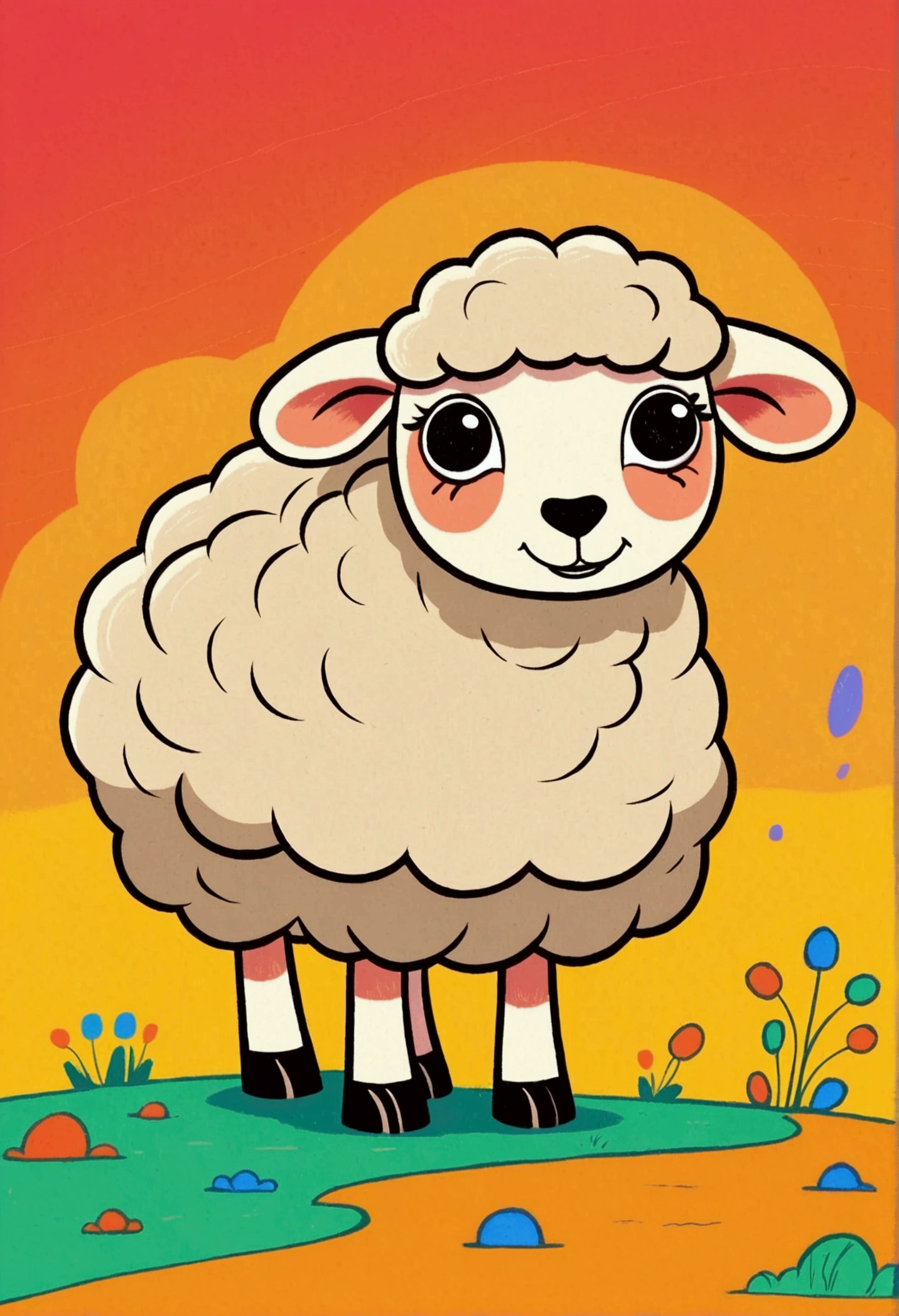Flat Wind,Vector,Childish art cartoon,Oil pastel graffiti,1 sheep,Minimalism,Lovely art style, rich and colorful! Digital illustration style, The art of math. rich and colorful comic, Hand drawn cartoon art style,Solid color background,Black Lines
