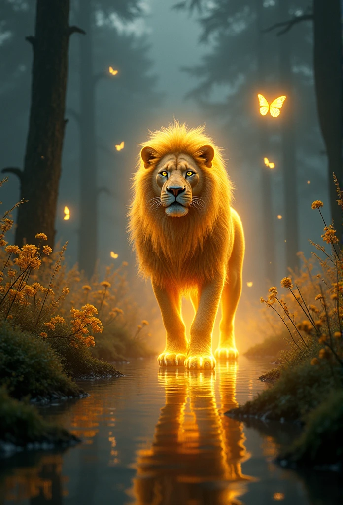"((masterpiece)) Leo ((it's foggy)) ,((Magical dark forest :1.2))In the twilight, and ((Strong shadows, Recommended scenarios:1.2)), Glowing Magic Lion,Golden glowing flowers ,((Glowing erfly )), Beautiful magic style, Golden reflections on the water,fierConcept Art, number."