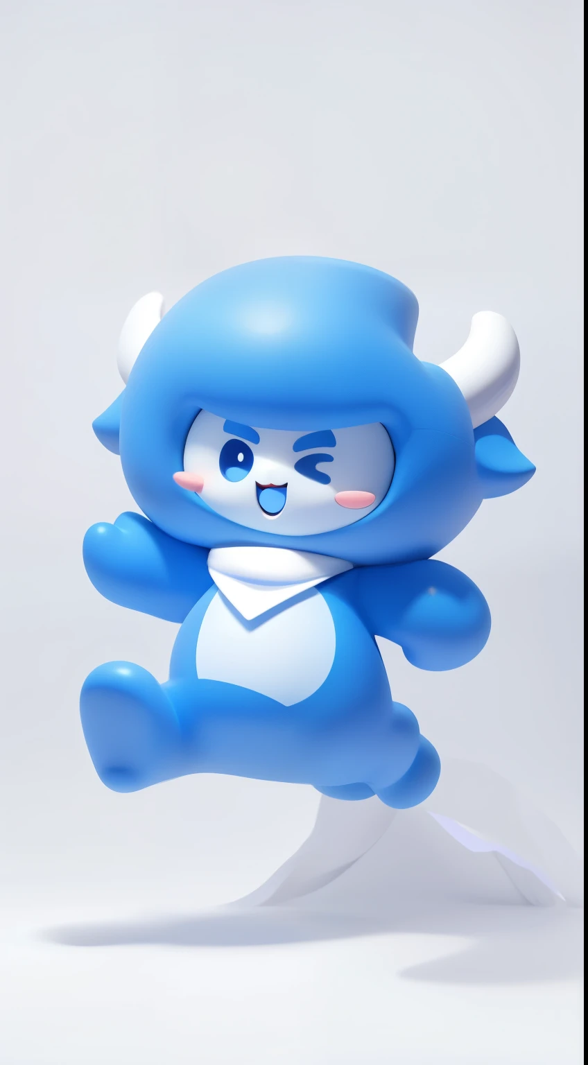 A cute blue cartoon mascot with blue and white color scheme, white face, two horns on its head, wearing a triangular scarf, smiling with its mouth open, jumping in the air, simple background, white background, simple lines and Shaped character design surreal, full body, blushing, beady eyes, 3D effect, clear outline light, rim light, spotlight, 8k