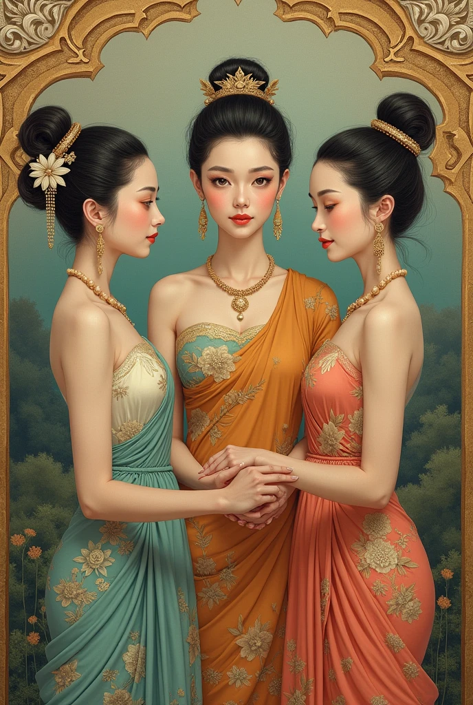 The picture of three women is an ancient Thai painting.