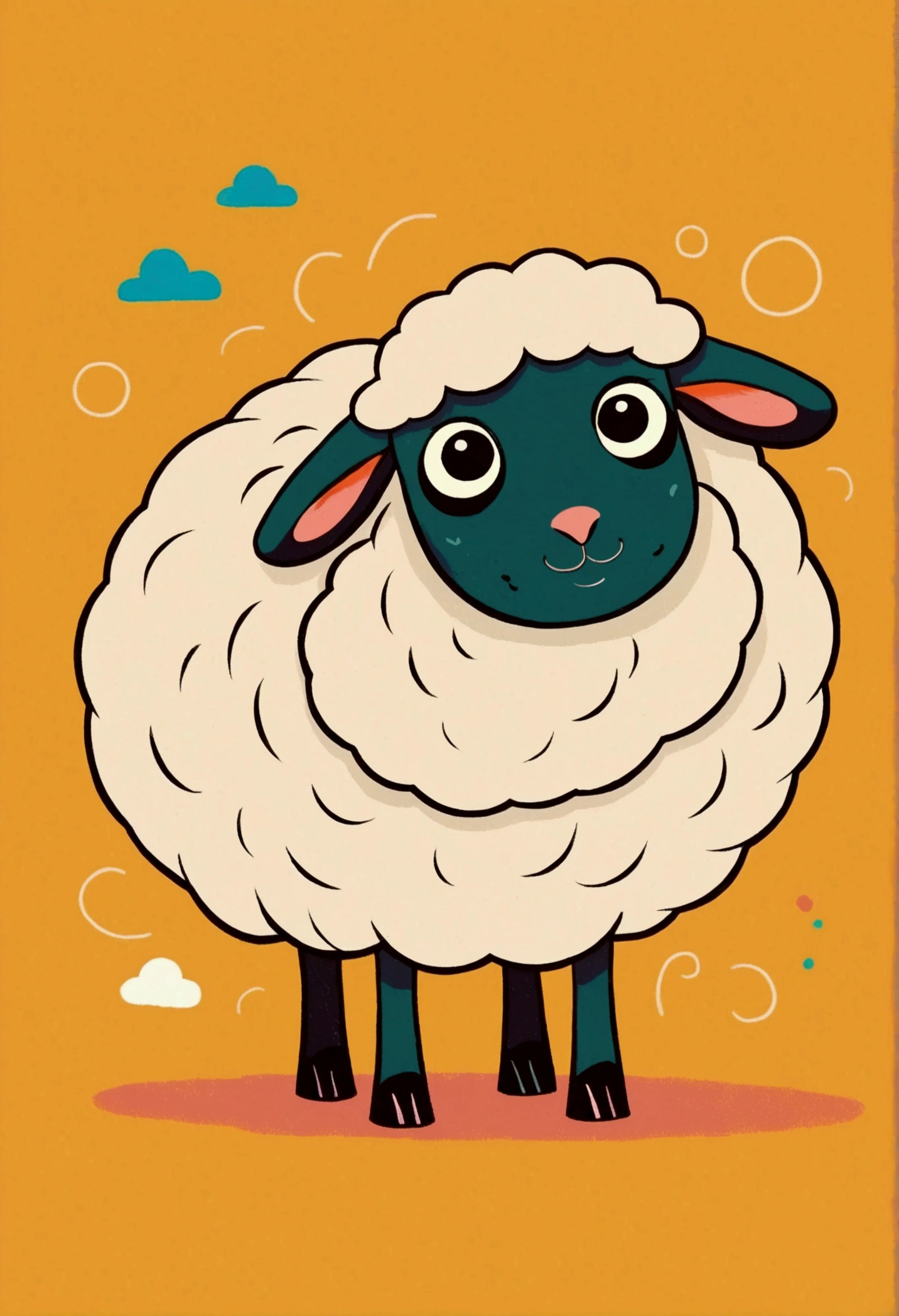 Flat Wind，Vector，Childish art cartoon，Oil pastel graffiti，1 sheep，Minimalism，Lovely art style, rich and colorful! Digital illustration style, The art of math. rich and colorful comic, Hand drawn cartoon art style，Solid color background，Black Lines