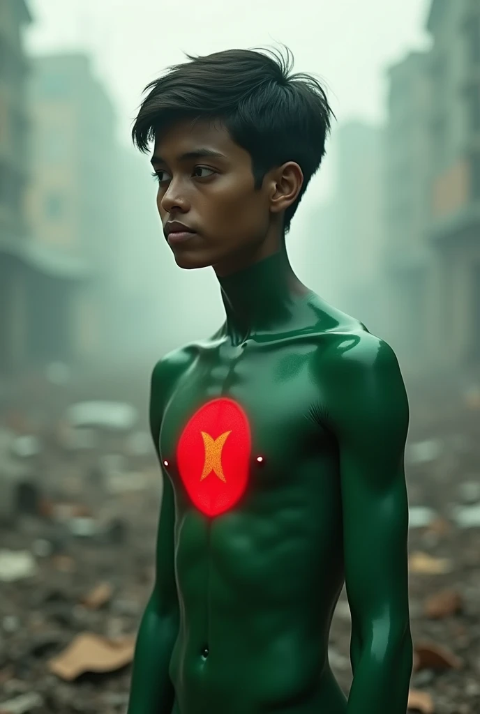 Typical bengali tortured bloody teenage boy deep green body with a red shiny sun like emission of light chest representing bangladesh flag a destroyed foggy country behind
