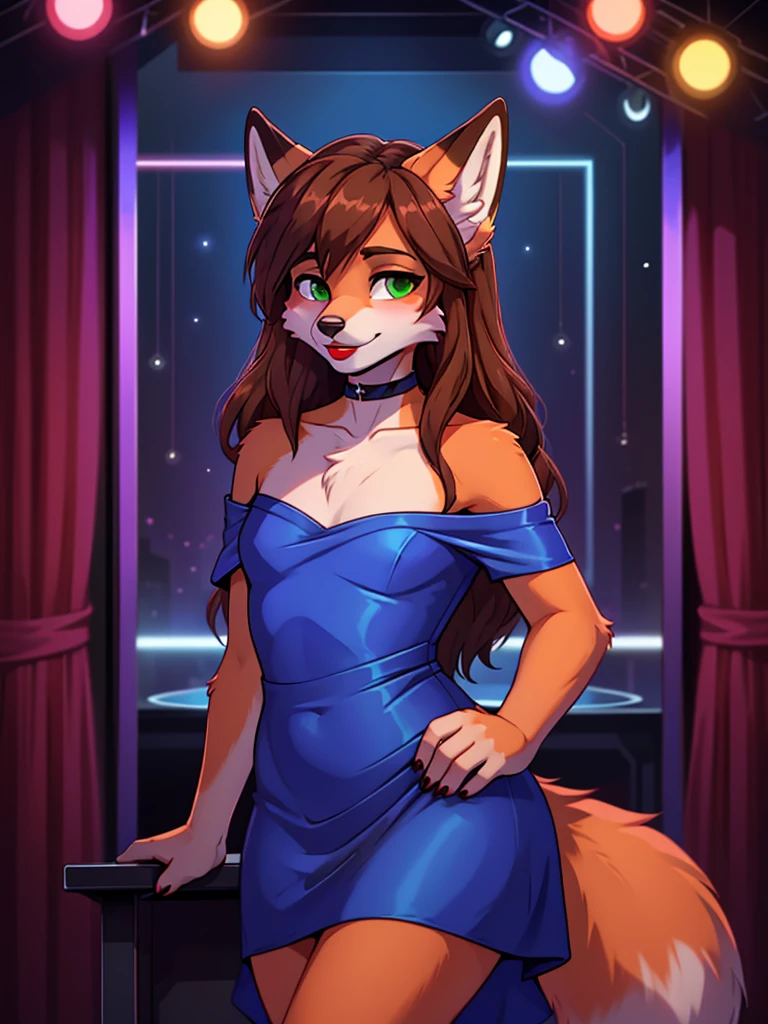 Best quality, furry male fox with green eyes, with brown long hair, with black spout, with red lipstick on lips, big lips, in a blue dress, crossdressing, shy, choker on the neck, off-the-shoulder dress, flirts, sexy pose, portrait, against the backdrop of an empty nightclub