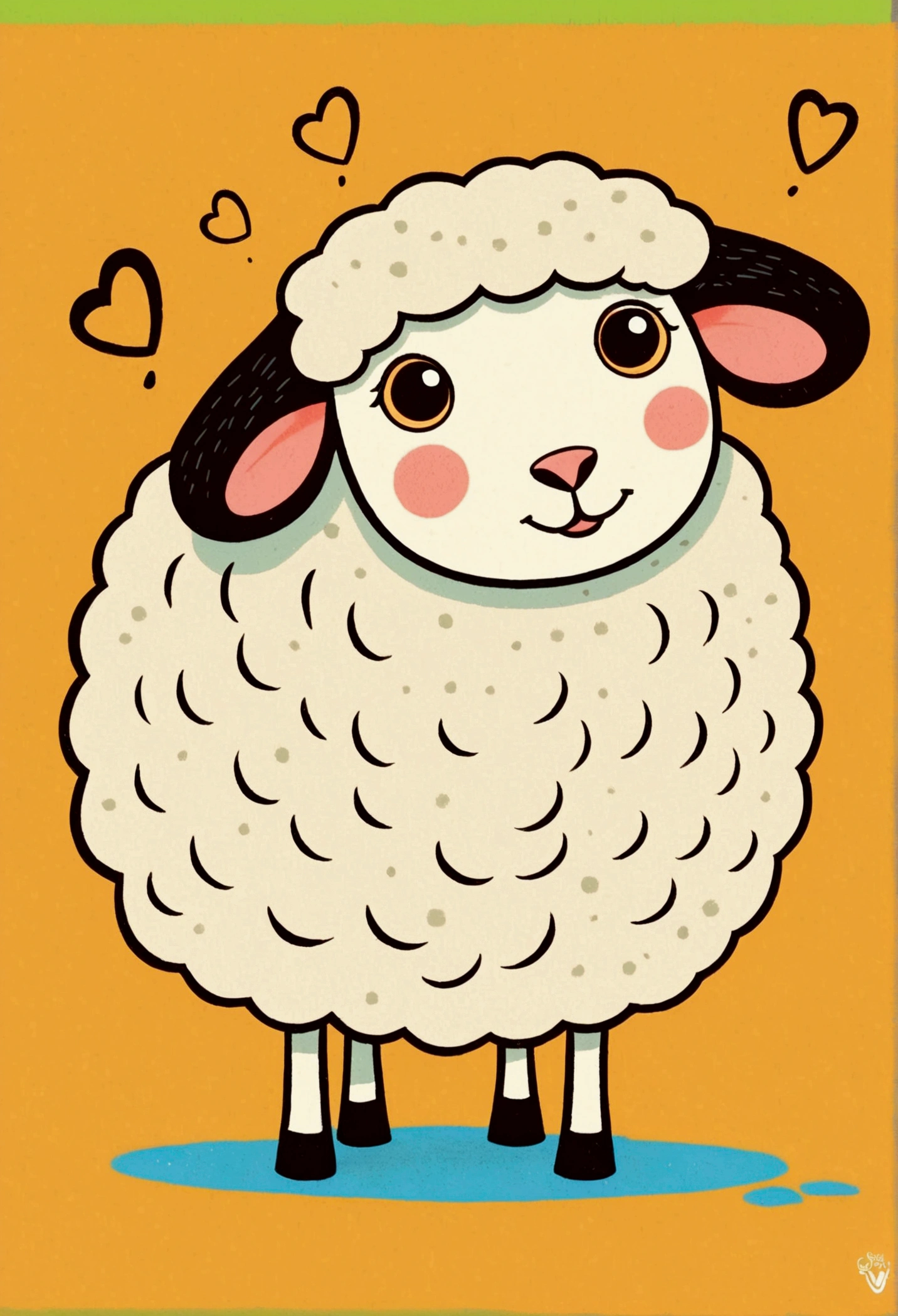 Flat Wind,Vector,Childish art cartoon,Oil pastel graffiti,1 sheep,Minimalism,Lovely art style, rich and colorful! Digital illustration style, The art of math. rich and colorful comic, Hand drawn cartoon art style,Solid color background,Black Lines