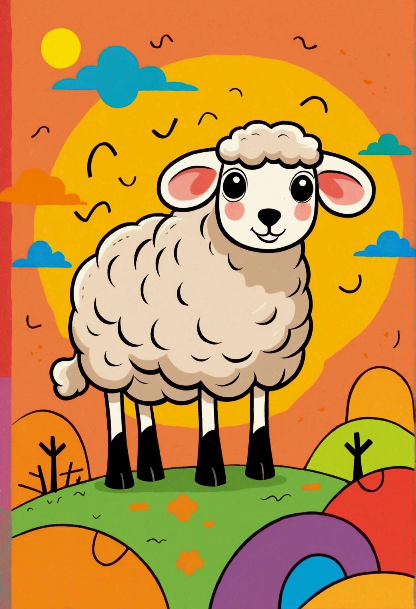 Flat Wind，Vector，Childish art cartoon，Oil pastel graffiti，1 sheep，Minimalism，Lovely art style, rich and colorful! Digital illustration style, The art of math. rich and colorful comic, Hand drawn cartoon art style，Solid color background，Black Lines