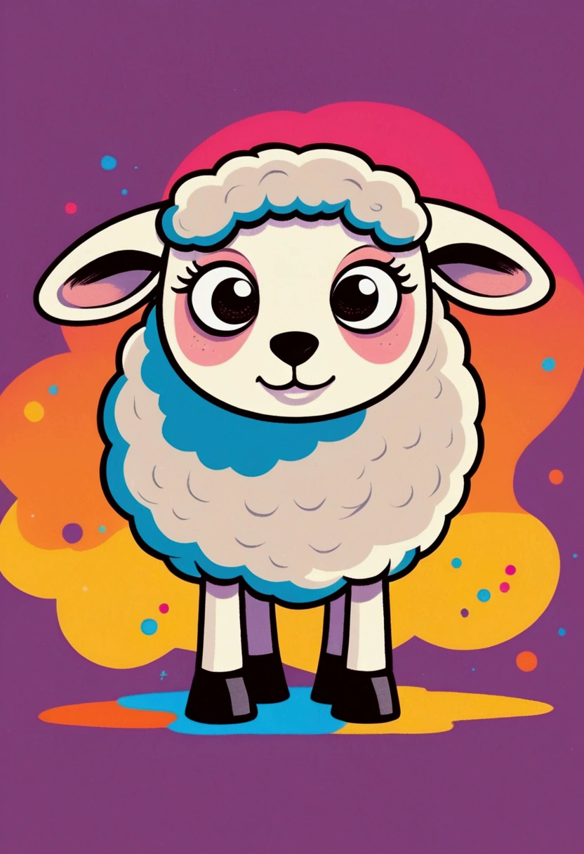 Flat Wind，Vector，Childish art cartoon，Oil pastel graffiti，1 sheep，Minimalism，Lovely art style, rich and colorful! Digital illustration style, The art of math. rich and colorful comic, Hand drawn cartoon art style，Solid color background，Black Lines