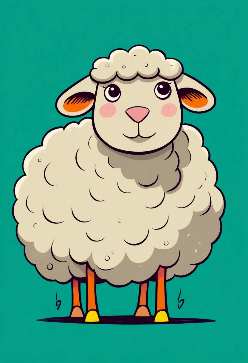 Flat Wind，Vector，Childish art cartoon，Oil pastel graffiti，1 sheep，Minimalism，Lovely art style, rich and colorful! Digital illustration style, The art of math. rich and colorful comic, Hand drawn cartoon art style，Solid color background，Black Lines