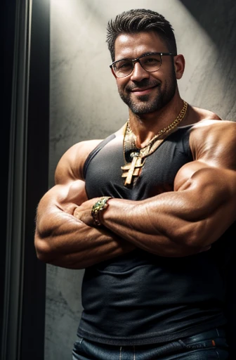 Wild muscle man, (40 year old dad:1.1), Chico 1, alone, Grey Hair (Black dress shirt), (Big shoulders), Muscle tissue, Nargon, Stubble, Short Beard, Cute eyes:1.3, ), (Detailed face:1.3), Wearing glasses, smile, Dynamic Angle, Volumetric lighting, (Highest quality, High resolution, Realistic), Cinema Lighting, masterpiece, Raw photo, Intricate details, High resolution, whole body, Tight jeans ,Cross your arms、Gold Necklace、Gold Bracelet、Huge pectoral muscles、Giant Arms、glare、darkness