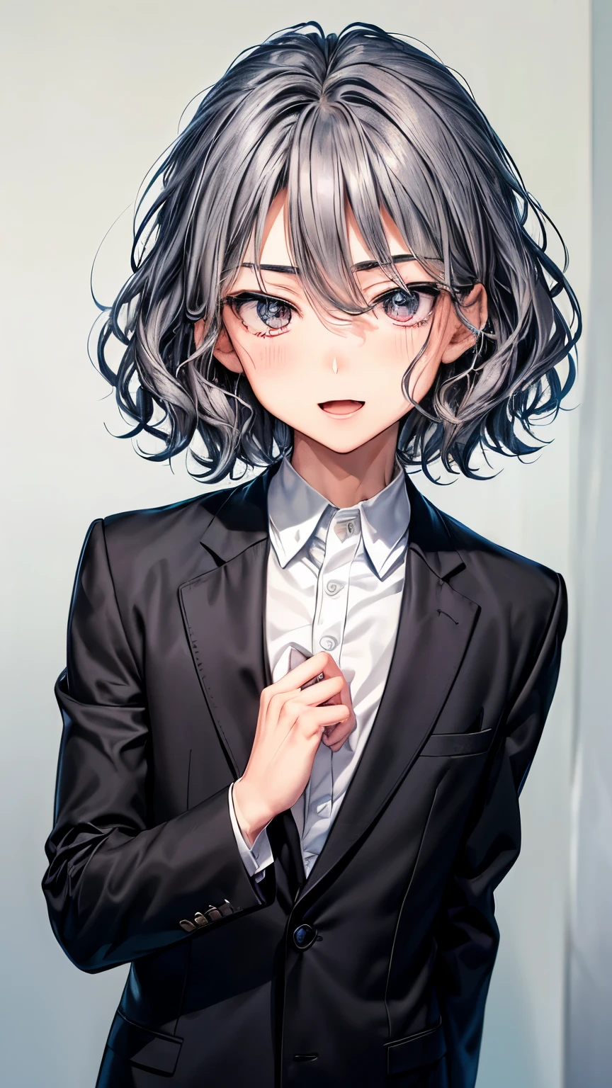 A  Japanese innocent and calm boy (( boy’s body, slender)), bluish gray very short hair(( voluminous  wavy hair ))(( much unruly forelock:1.3)),((black suit )) , sparkly blue big round droopy eyes, blush, gentle and brilliant smile((open mouth)), cute face, gentle and anxious atmosphere, waiting posing, (( face focus:1.4)),((best quality))