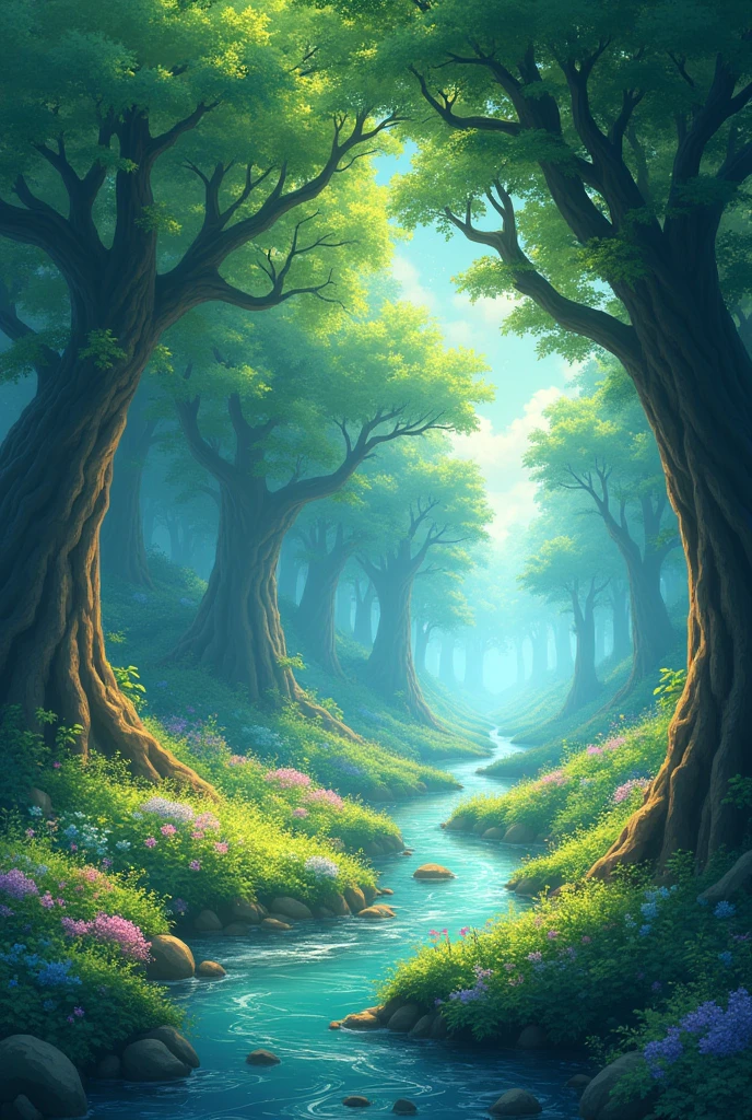 imagine prompt: Viral anime nature wallpaper in 4K quality, in the style of digital illustration inspired by Hayao Miyazaki, featuring a serene forest with towering ancient trees, dappled sunlight filtering through the leaves, a gentle stream flowing through the scene, and mystical creatures peeking from behind the foliage; vibrant and warm color temperature, cosmos lighting with stars twinkling in the sky, no human characters, the atmosphere is tranquil and enchanting --v 5 --stylize 1000