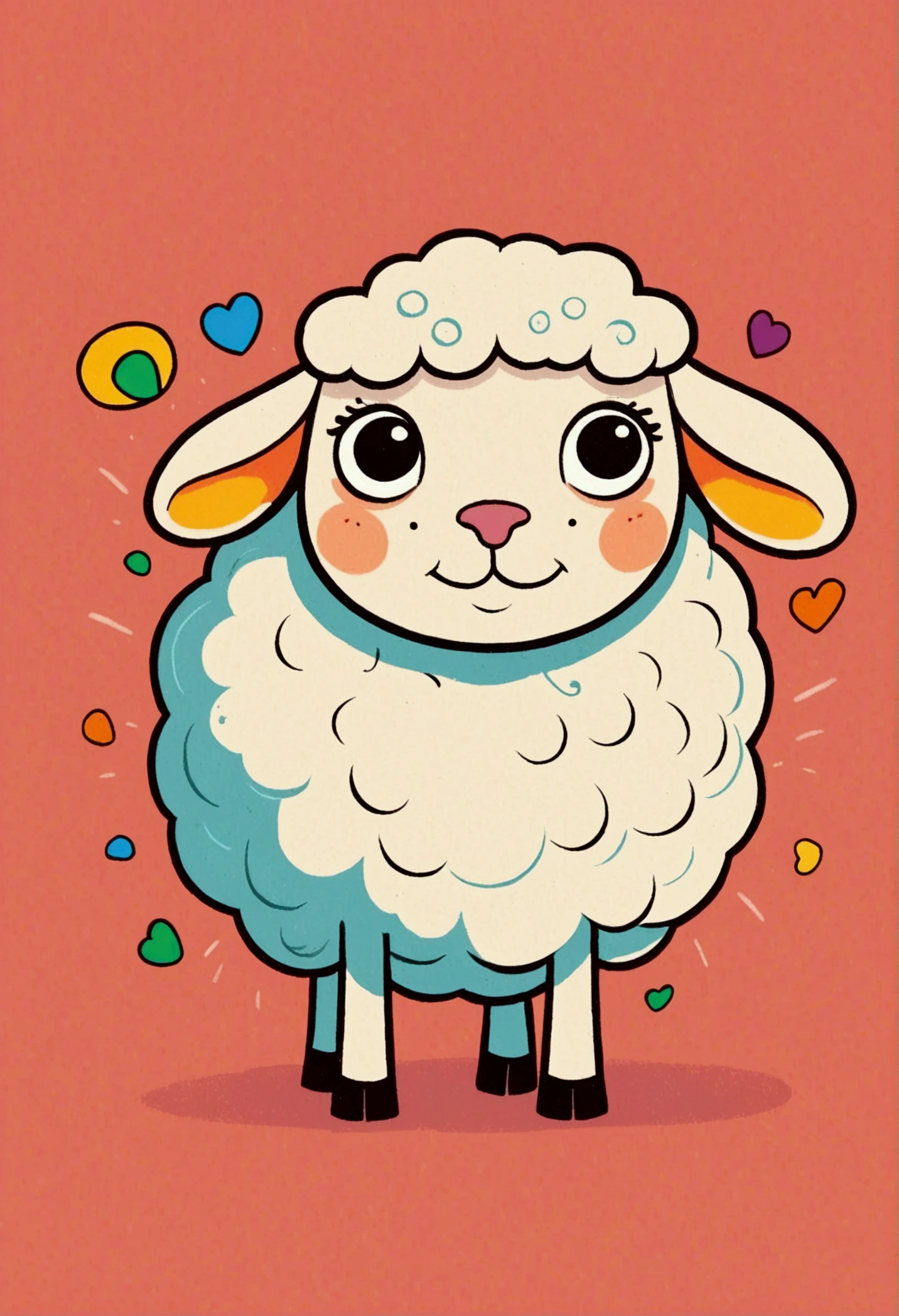 Flat Wind，Vector，Childish art cartoon，Oil pastel graffiti，1 sheep，Minimalism，Lovely art style, rich and colorful! Digital illustration style, The art of math. rich and colorful comic, Hand drawn cartoon art style，Solid color background，Black Lines