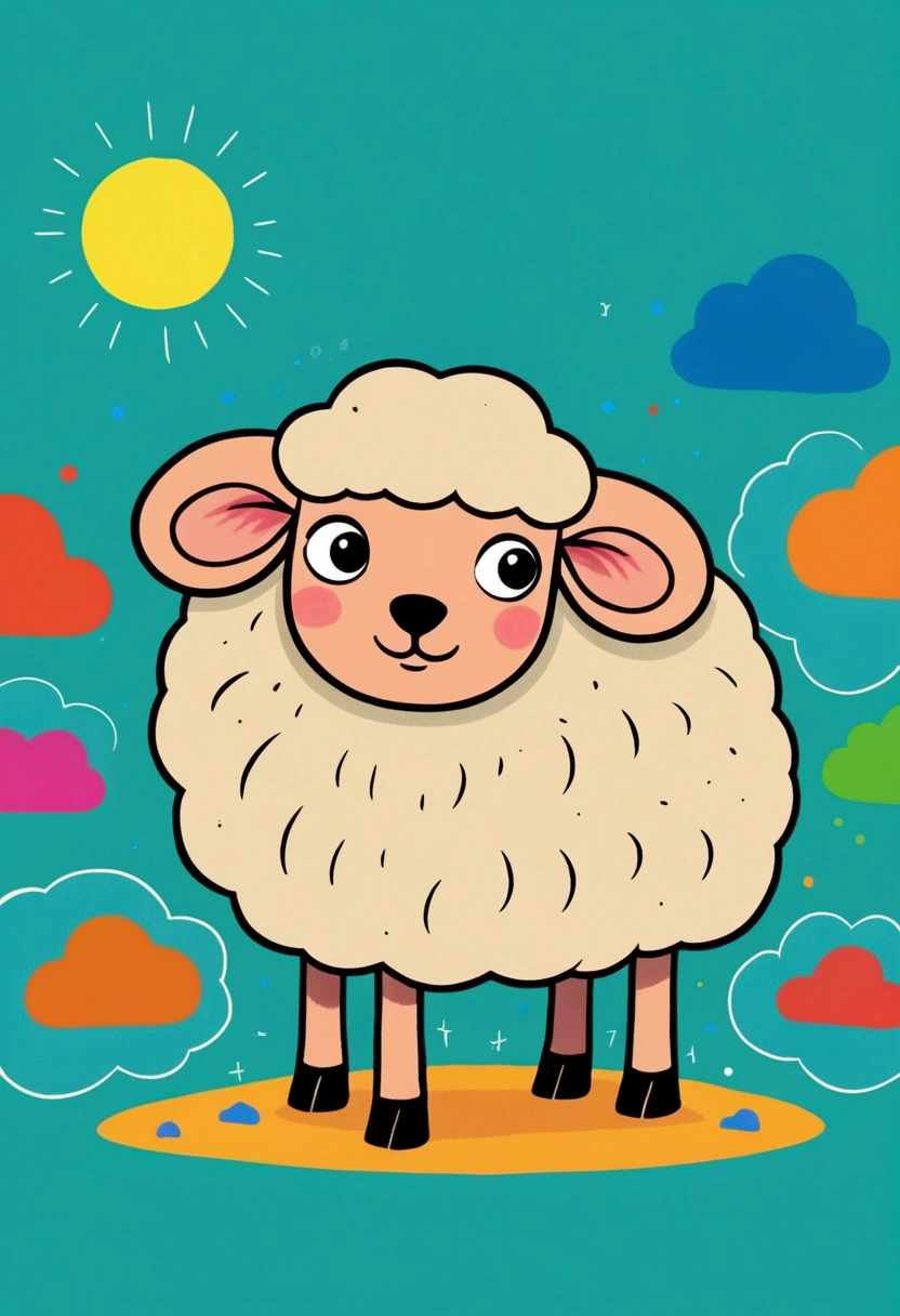 Flat Wind,Vector,Childish art cartoon,Oil pastel graffiti,1 sheep,Minimalism,Lovely art style, rich and colorful! Digital illustration style, The art of math. rich and colorful comic, Hand drawn cartoon art style,Solid color background,Black Lines