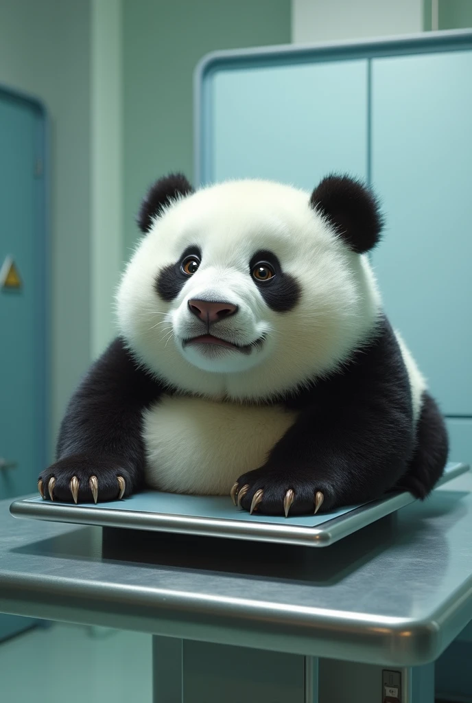 Baby panda on a metal table . Looks like a big round balloon, eyes bulging out of their sockets . Inflated with air