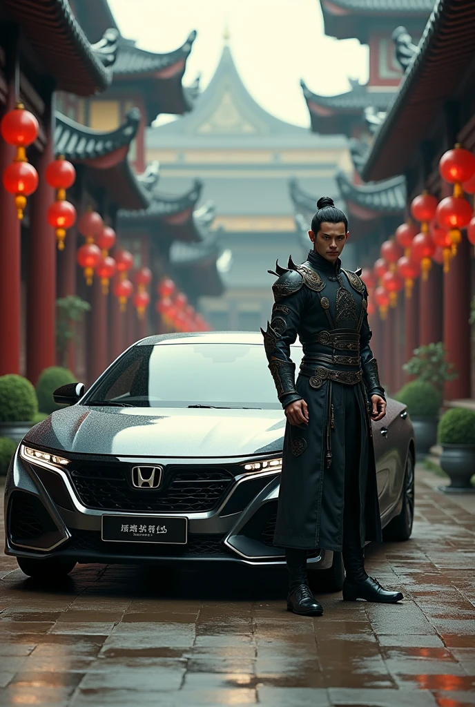 Combination《Black myth Goku》Game scene,Generate a promotional video of Guangqi Honda Haoying model,The background should reflect Chinese style elements,画面人物包括Black myth Goku游戏中的人物形象,Character standing next to the car