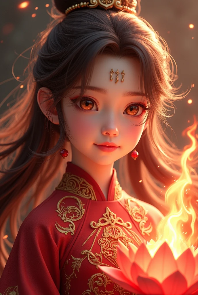 Most beautiful  6 Yo ,xianxia female protagonist,cute face,super cute face,happy smile, ultra realistic face,red dark dominant fillamen ,red long hair ,golden fiery eyes,use majestic garmen with  Crimson red dominant fillamen,tight clothes,big breast,golden pattern clothes,face detailed,lips detailed,thin red lips,golden rune scratch at fore head, held red lotus heavenly flames,lotus detailed,forehead detailed,better quality, masterpiece,24K ultra hd,super beautiful detail,goddess featuring