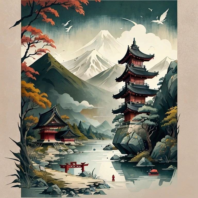 a painting of a pagoda in the mountains with a lake and birds flying around, japanese art style, japanese inspired poster, japanese landscape, japan poster, japanese style painting, traditional japanese art, inspired by Tōshi Yoshida, japanese woodblock print style, old japanese art, japanese art, oriental wallpaper, japanese print art, japanese inspiration, ancient japanese, oriental scene