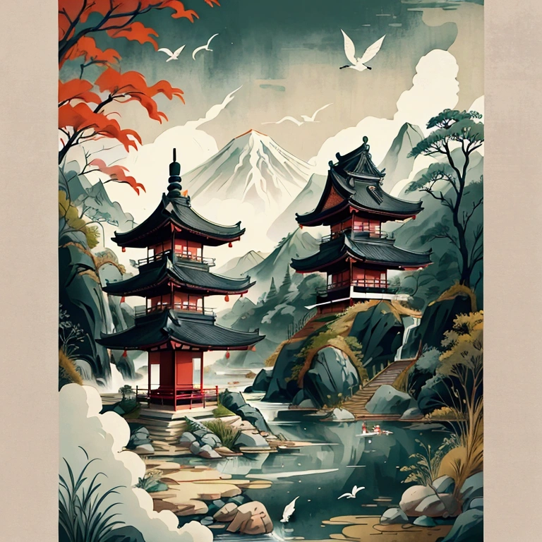 a painting of a pagoda in the mountains with a lake and birds flying around, japanese art style, japanese inspired poster, japanese landscape, japan poster, japanese style painting, traditional japanese art, inspired by Tōshi Yoshida, japanese woodblock print style, old japanese art, japanese art, oriental wallpaper, japanese print art, japanese inspiration, ancient japanese, oriental scene